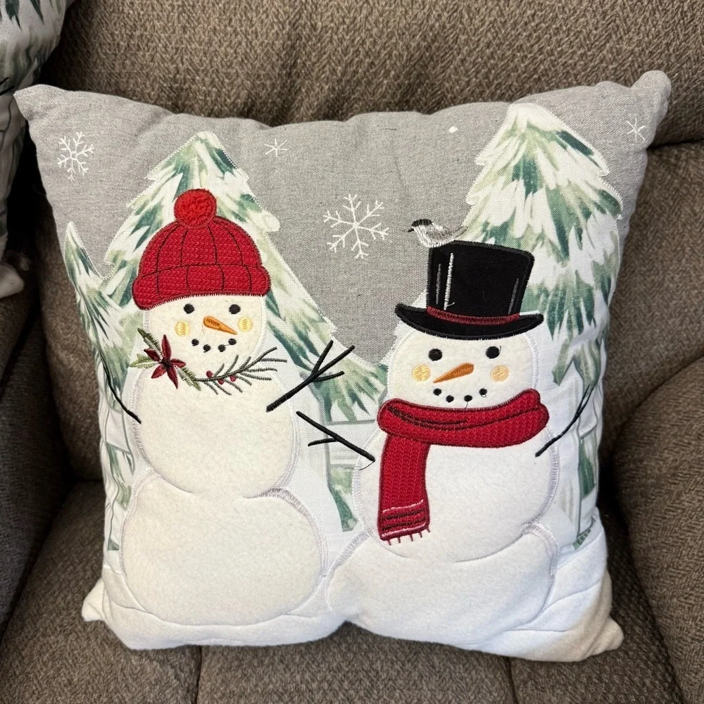 Two St. Nicholas Snowman Pillows 18X18 & One Patchwork Pine Christmas Pillow